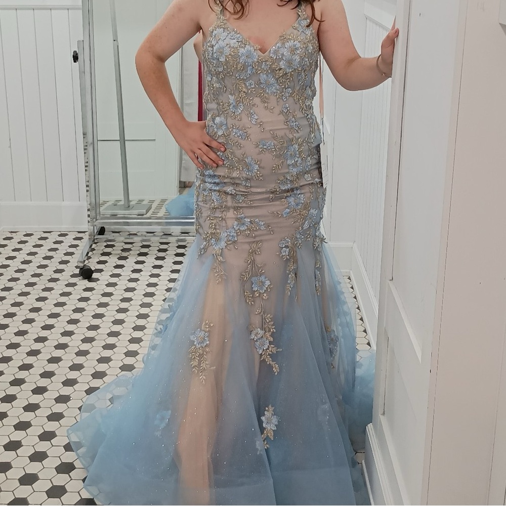 Blue and tan Mermaid prom dress with gold embroidery